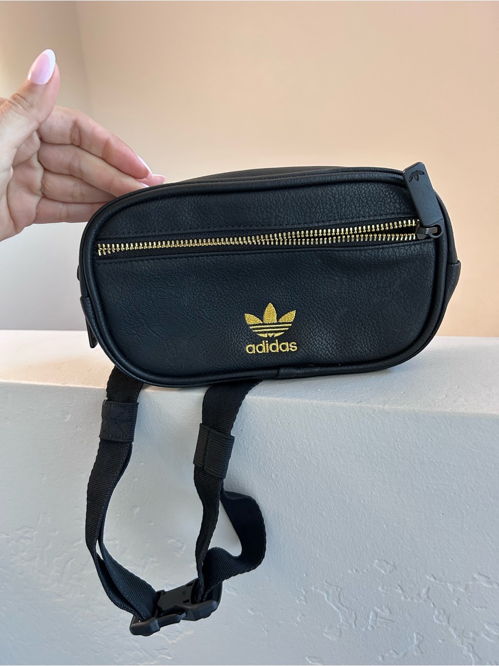 Adidas Leather Black Waist Bag with Gold Trefoil